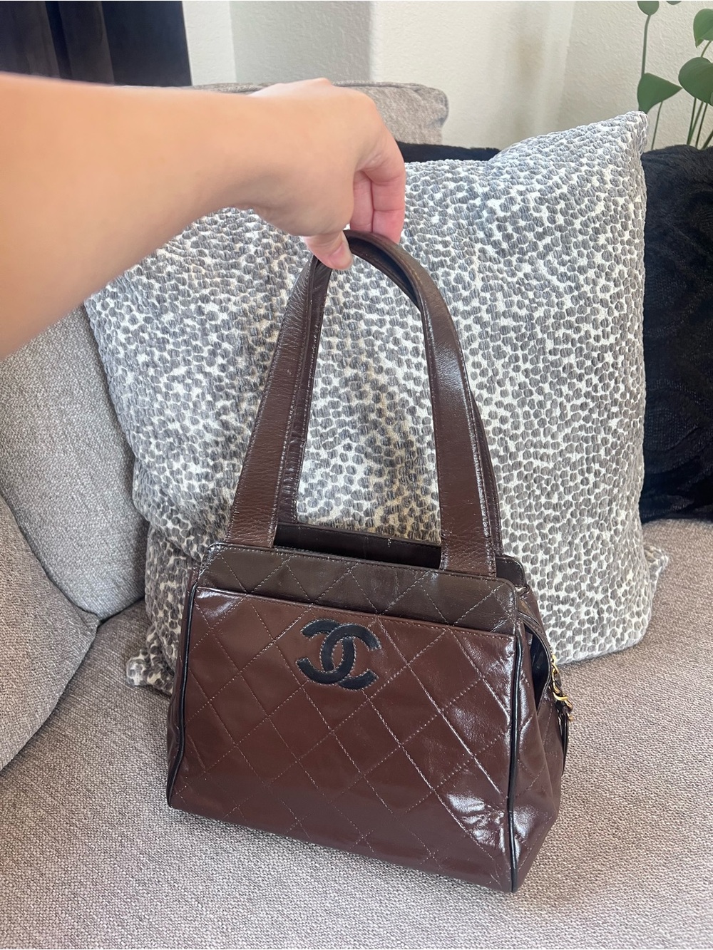 CHANEL Vintage Brown Quilted Lambskin Leather Shoulder Bag with Black CC